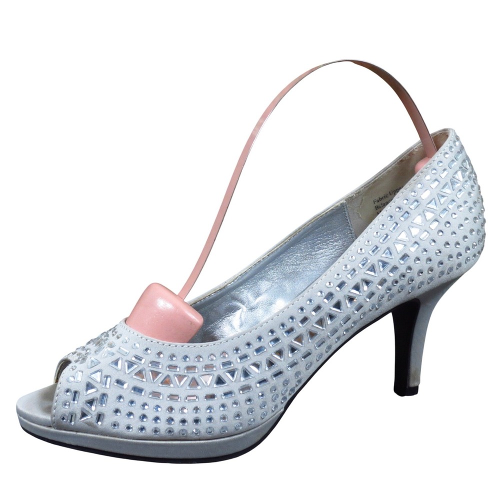 Kelly & Katie Women Peep Toe Heels Size 5.5 Silver Gray Satin Rhinestone